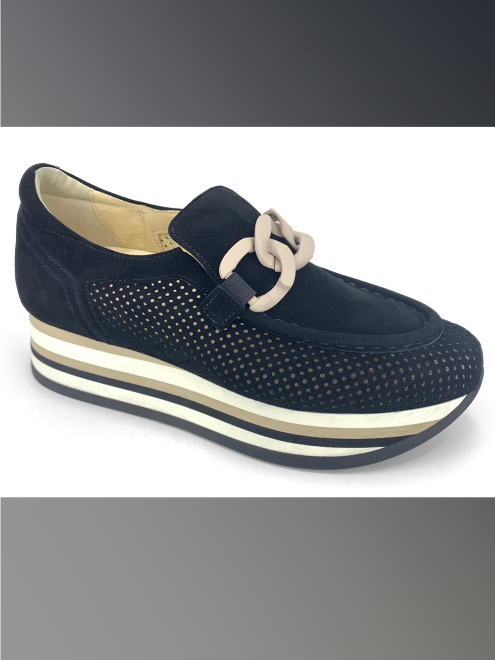 Softwaves Casie Slip On Leather Platform Loafer with Neutral chain 37 1/2